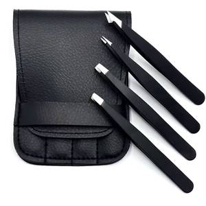 Ensemble de pinces à cils de précision en acier inoxydable à pointe lisse, 4 pièces, emballage en cuir noir - Product Image 4