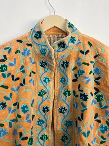 Mustard Orange Velvet Floral Suzani Embroidered Breathable Stand Collar Boho Jacket Women Ethnic Short Coat Festive Winter Wear - Product Image 3
