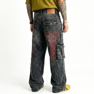Pantalon en jean de luxe pour homme, style américain, orné de strass, tie-dye, coupe ample et large, style urbain - Product Image 4