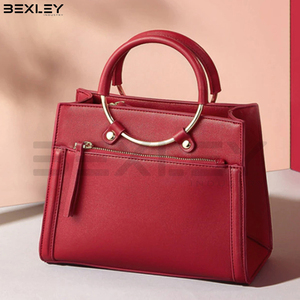 Structured Fashionable Burgundy Red Handbag <b>With</b> Circular Metal Top Handle, Front <b>Zip</b> Pocket and Adjustable Shoulder Strap - Product Image 6