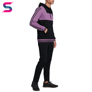 Chándal con capucha para hombre en negro y morado con bloques de color, manga larga, ropa casual con bolsillos laterales, material de poliéster transpirable. - Product Image 2