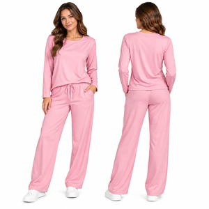 Conjunto de Pijama de Manga Larga Rosa para Mujer, Algodón Jersey Suave, Ropa de Dormir Informal, Pantalones Largos con Cordón, Top de Cuello Redondo - Product Image 3