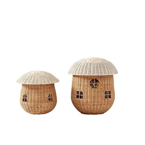 Mushroom House Rattan Storage <b>Basket</b> <b>with</b> <b>Lid</b> Woven Cute Toadstool Toy Organizer Bin Fairycore Nursery Hamper - Product Image 1