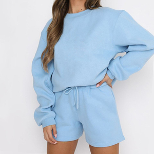 Premium Women's Short Sets Two Piece Blank Workout Set 100% Cotton Terry Quality Plus Size Casual Sweatshirt Set Logo - Product Image 4