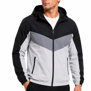 Veste coupe-vent pour homme sur mesure OEM, fermeture éclair intégrale, noir et gris contrastés, trois couleurs, veste de sport légère à capuche - Product Image 1