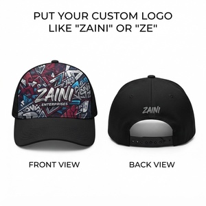 Casquette ZAINI Premium 100% Coton, 180 GSM, noire, avec filet, fermeture snapback, impression par sublimation personnalisée, logo brodé, casquette trucker 5 panneaux - Product Image 1
