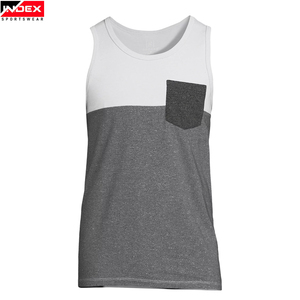 Camiseta sin Mangas para Hombre INDEX, Cuello Redondo, Diseño Color Block, Tejido de Punto, Gris Sólido y Blanco, con Bolsillo, Ropa Deportiva Casual - Product Image 3