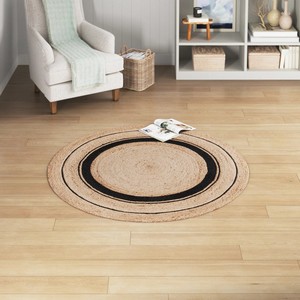 <b>Round</b> Natural <b>Jute</b> Braided Area <b>Rug</b> With Black Stripes Flat Pile Farmhouse Style Living Room Carpet - Product Image 5