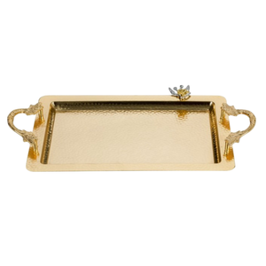 Standard Hand Hammered Design Table Decorative <b>Serving</b> <b>Tray</b> Best Quality <b>Gold</b> Metal <b>Tray</b> With Floral Accent Handle For Wedding - Product Image 4