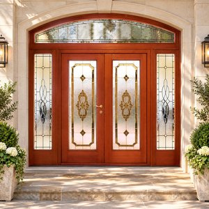Custom Residential <b>Wooden</b> Door Double Entry Doors With <b>Stained</b> Glass Panels And Arched Transom For Exterior Use GA-52 - Product Image 1