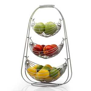 Elegant 2 Tier Black Metal Fruit Stand Decorative Swirl Pattern Kitchen Countertop Storage <b>Basket</b> With Top Handle Loop - Product Image 5