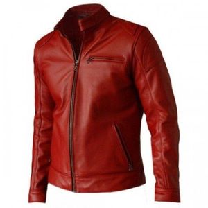 <b>Men's</b> <b>Red</b> Sheep Skin Coated Hooded Moto <b>Jacket</b> Stand Collar Zipper Closure Slim Fit Regular Sleeve Solid Color Winter Wear - Product Image 1