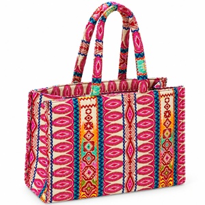 Bolso Tote de Lona con Paneles Estilo Bohemio, Diseño de Rayas Multicolor, Abierto por Arriba, para Todas las Temporadas - Product Image 1