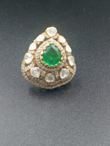 Amaira Jewels SM-745 Floral Shape 18K <b>Gold</b> Plated Emerald <b>Cocktail</b> <b>Ring</b> Women's Wedding Engagement Glam Style Pave Setting Stone - Product Image 3