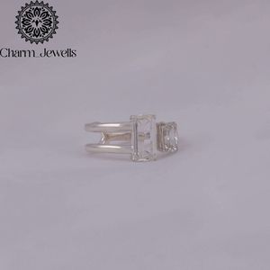 Charm_Jewells Women's <b>Emerald</b> Cut Moissanite Engagement <b>Ring</b> 925 <b>Silver</b> Prong Setting Minimalist Geometric Design - Product Image 2