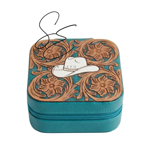 SEHRAINN Turquoise <b>Floral</b> Carved Leather Jewelry <b>Box</b> Velvet Cowboy Hat Design Vintage Portable Vanity Organizer With Mirror - Product Image 1