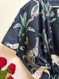 Women Black Floral Print Cotton <b>Kaftan</b> Dress | V-neck Batwing Sleeve Maxi Safari <b>Beach</b> Cover-Up Boho Resort Wear Free Size - Product Image 3