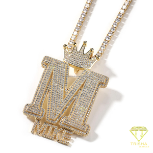 Men's Custom M <b>Initial</b> Pendant <b>Necklace</b>, Iced Out Crown Design, Rose Gold Hip Hop Bling Jewelry, Statement Chain - Product Image 4