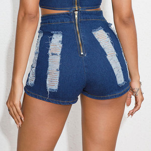 Women <b>High</b> <b>Waist</b> Denim <b>Shorts</b> Distressed Ripped Design Elastic <b>Waist</b> Casual Style Solid Color Blue <b>Jean</b> streetwear <b>shorts</b> - Product Image 4