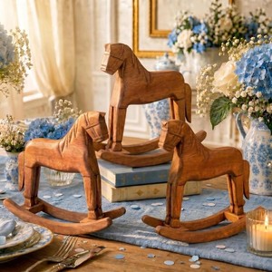 Caballo Balancín Vintage de Madera de Pino Hecho a Mano al por Mayor |   Crema con Efecto Desgastado - Product Image 3