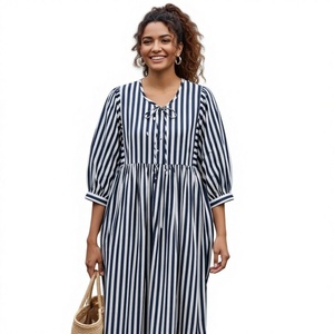 U Neck Cotton Floor Length <b>A</b> <b>LINE</b> <b>Dress</b> Three Quarter Puff Sleeves Handblock <b>Pattern</b> Women's Daily Wear Embroidery Detail - Product Image 1