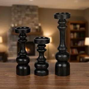 Modern <b>Black</b> Wood Pillar Candle Holder Set Handmade Decorative Turned <b>Candlestick</b> Holders for Living Room Dining Table HomeDecor - Product Image 2