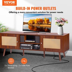 Metà del secolo moderno 65 pollici TV Stand Boho Rattan & noce armadietto ripiani regolabili costruire-in porte USB per soggiorno Media Room - Product Image 2