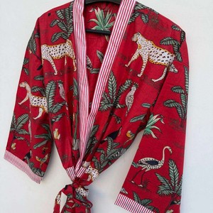 Bata de baño informal de algodón estilo kimono indio, traje de noche, ropa de playa de primavera y verano, largo completo, estampado animal, cuello en V, suave, con logo frontal - Product Image 1
