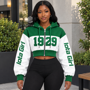 Sudadera con capucha corta con cremallera y bloques de color para mujer Iota Phi Lambda, de manga larga, con letras griegas bordadas, estilo universitario - Product Image 5