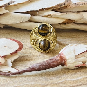 Hot Selling Double Stone Tiger Eye Brass <b>Ring</b> 18k Gold Plated <b>Chunky</b> Filigree Texture <b>Ring</b> Handmade Statement Wholesale <b>Ring</b> - Product Image 1