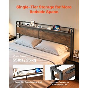 Cabecera de Cama King Size con Estante de Almacenamiento, 2 Tomas de Corriente, Puertos USB y Tipo-C, Estructura Resistente de Acero al Carbono, Estilo Suave - Product Image 5
