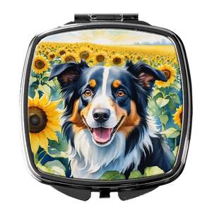Border Collie girasoles compacto viaje maquillaje espejo bolsillo plegable de mano para mujeres y niñas Ideas de regalos decorativos - Product Image 1