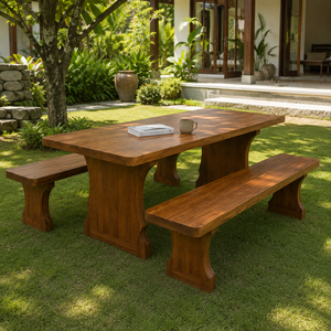 Ensemble de table à manger en teck massif avec 2 bancs, meubles de salle à manger rustiques de style farmhouse pour la maison, la villa, le restaurant, l'hôtel - Product Image 2