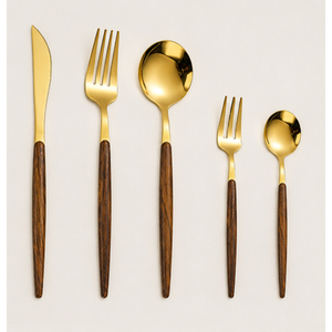 Ensemble de couverts en or au design fantastique avec manche en bois, couverts en acier inoxydable poli miroir, vaisselle pour mariage et restaurant - Product Image 5