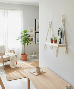 Étagère murale en macramé avec planche en bois de pin, support de plante suspendu bohème pour la décoration de la maison, thème feuillage pour le salon - Product Image 2
