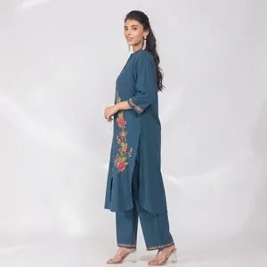 Women's Teal Blue Embroidered Cotton <b>Linen</b> Kurta Pant <b>Set</b> Mandarin Collar Three Quarter Sleeve Straight Fit Ethnic Outfit - Product Image 4