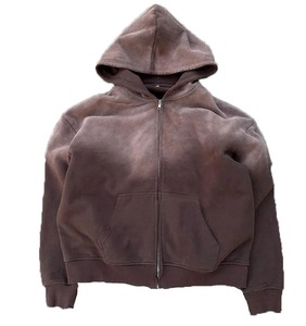Sudadera con capucha personalizada estilo streetwear sin cordón, de forro polar, con cremallera, vintage, de doble capa, con lavado ácido, efecto desgastado por el sol, para hombre. - Product Image 2