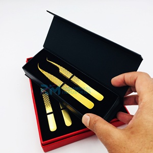 Stainless Steel Precision Eyelash Tweezers Set Gold Plasma Plated Tweezer Diamond Grip And Red/Black Color Card Box Packaging - Product Image 3