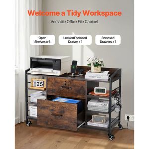 Armadio Archivio in Metallo a 2 Cassetti con Serratura, 6 Ripiani Aperti, Mobile per Archiviazione in Legno, Armadio Laterale con 6 Ripiani Aperti - Product Image 2