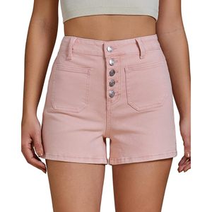2025 femmes taille haute à la mode bouton mouche poche plaquée Jean Shorts coupe ajustée été Denim côté fendu extensible Style décontracté - Product Image 1