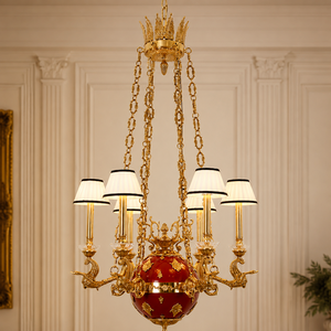 Lámpara de Araña de Lujo en Oro Rojo con Diseño de Cadena de Corona y Pantallas Blancas para Decoración Interior Clásica de Villas y Hoteles - Product Image 1