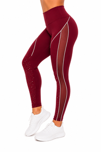<b>Women</b>’s Burgundy High Waist Athletic <b>Leggings</b> with Mesh Side Panels Reflective Piping and Rhinestone Detail - Product Image 2