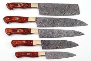 Juego de 5 Cuchillos de Acero de Damasco Hechos a Mano para Camping y Cocina, Hoja Recta, Mangos de Madera con Refuerzo de Latón, Personalizables OEM/ODM/OBM - Product Image 5