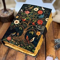 Carnet en cuir Grimoire Herbe et Herbe - Reliure cousue à la main, motif oiseaux et arbres, livre de sorts multicolore, cadeaux pour femmes