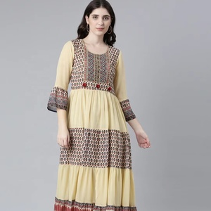 Elegant Beige Printed Tiered Maxi Dress with Ethnic Motifs Flowy Silhouette and <b>Three</b>-Quarter Sleeves for Festive Casual Wear - Product Image 1