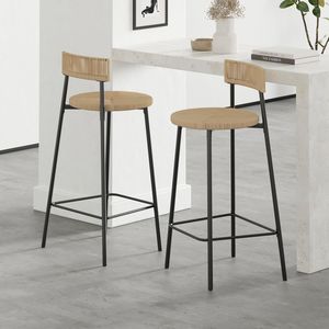 Set di 2 Sgabelli da Bar Neri Intrecciati a Mano con Schienale in Corda di Carta, Sgabelli Rotondi con Poggiapiedi per Isola Cucina e Sale da Pranzo - Product Image 2
