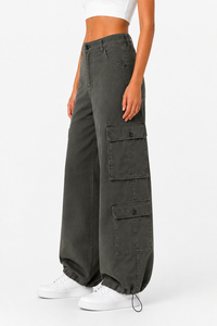 Pantalones Cargo de Mujer de Cintura Alta, Pierna Ancha, Estilo Casual Urbano, Holgados, con Cordón Ajustable en el Bajo, Multibolsillos, Ajuste Holgado - Product Image 2