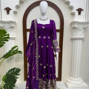 <b>Women</b> Ethnic Anarkali Gown Set with Dupatta Silk Sequin Long <b>Kurta</b> Dress Quick Dry Embossed Wedding Party Diwali Outfit - Product Image 2