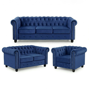 Set <span class=keywords><strong>Divano</strong></span> Chesterfield in Velluto Blu 3+2+1 Posti, <span class=keywords><strong>Divano</strong></span> Imbottito Trapuntato con Braccioli Arrotolati per Hotel, Lobby, Lounge e Bar - Product Image 1