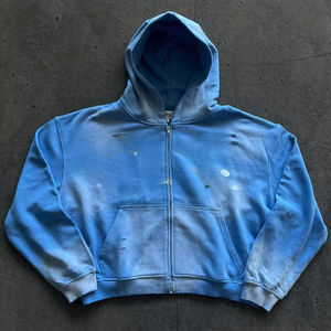 High Quality Custom Heavyweight 100% Cotton Zipper-Up Oversize Distressed Men Embroidered Vintage <b>Sun</b> Fade Silk <b>Screen</b> Print - Product Image 1